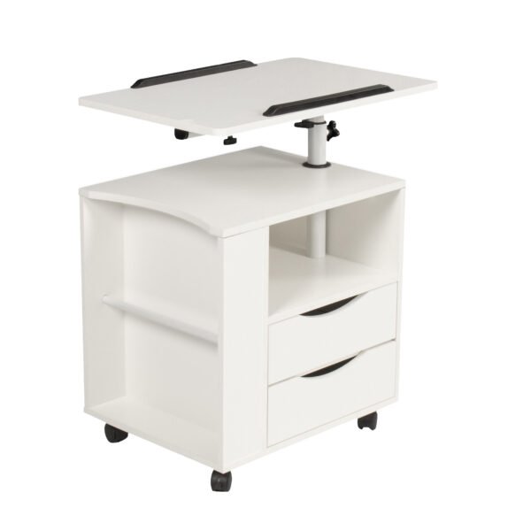 Height Adjustable Overbed End Table Wooden Nightstand with Swivel Top, Storage Drawers, Wheels and Open Shelf,(White) - Image 6