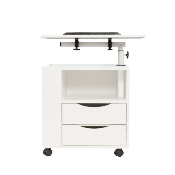 Height Adjustable Overbed End Table Wooden Nightstand with Swivel Top, Storage Drawers, Wheels and Open Shelf,(White) - Image 7