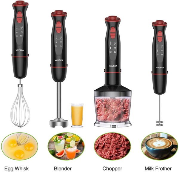 Vavsea Immersion Hand Blender, 12-Speed Multi-Function Handheld Stick Blender with Stainless Steel Blades, Chopper, Beaker, 600, Whisk and Milk Frother for Baby Food/Smoothies/Puree, BPA Free