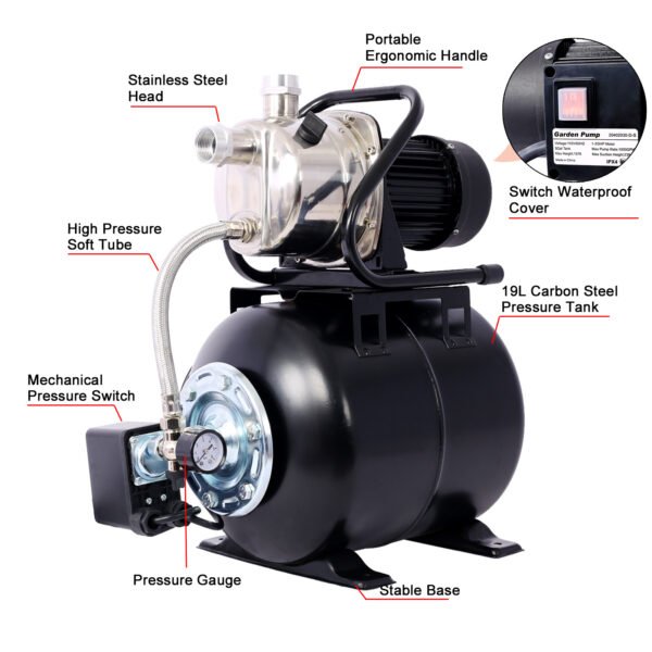 1.6HP Shallow Well Pump with Pressure Tank,garden water pump, Irrigation Pump,Automatic Water Booster Pump for Home Garden Lawn Farm, stainless steel head - Image 11