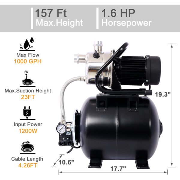 1.6HP Shallow Well Pump with Pressure Tank,garden water pump, Irrigation Pump,Automatic Water Booster Pump for Home Garden Lawn Farm, stainless steel head - Image 6