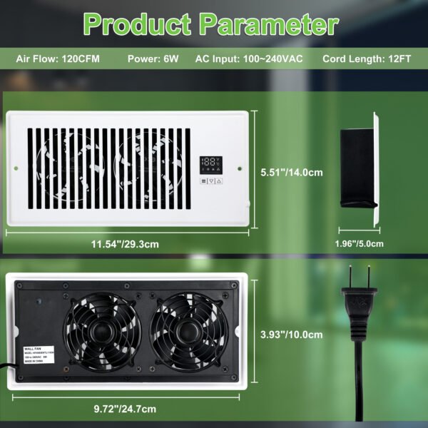 10 Inch Register Booster Fan with Thermostat, High Velocity Ventilation Fans with 10 Gear Wind Speed Switch and High Precision Thermal Probe, White - Image 2