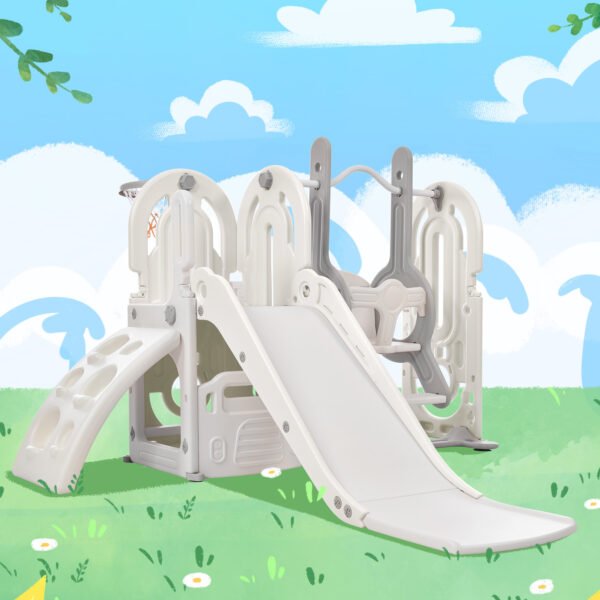 Toddler Slide and Swing Set 5 in 1, Kids Playground Climber Slide Playset with Basketball Hoop Freestanding Combination for Babies Indoor & Outdoor