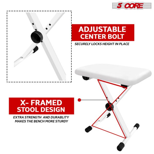 5Core Portable Piano Keyboard Music X-Style Adjustable Padded Stool Chair Seat Bench White KBB 02 WH - Image 6