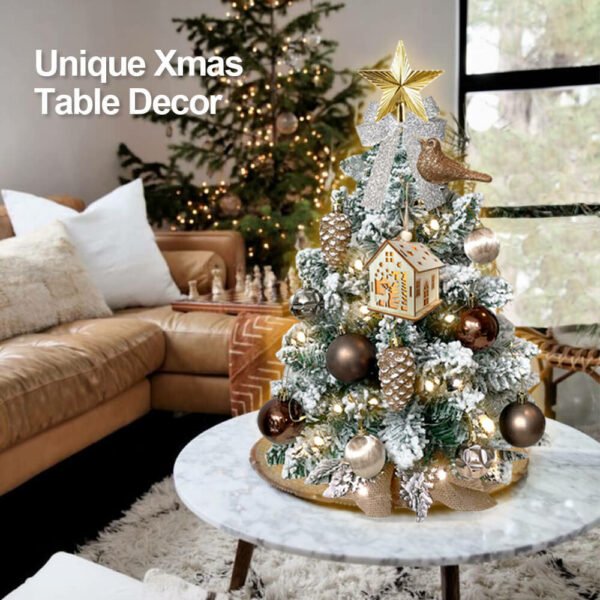 2ft Mini Christmas Tree with Light Artificial Small Tabletop Woodland Christmas Decoration with Flocked Snow;  Exquisite Decor & Xmas Ornaments for Table Top for Home & Office - Image 2