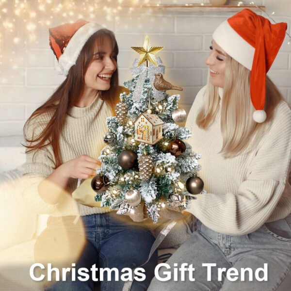 2ft Mini Christmas Tree with Light Artificial Small Tabletop Woodland Christmas Decoration with Flocked Snow;  Exquisite Decor & Xmas Ornaments for Table Top for Home & Office - Image 5