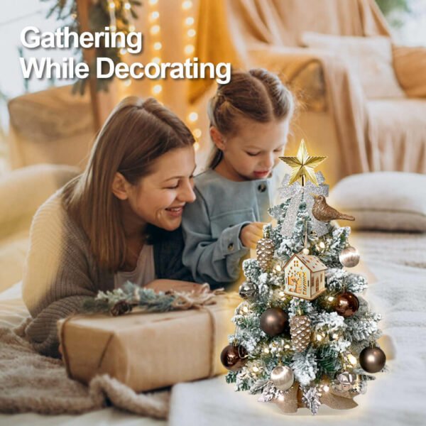 2ft Mini Christmas Tree with Light Artificial Small Tabletop Woodland Christmas Decoration with Flocked Snow;  Exquisite Decor & Xmas Ornaments for Table Top for Home & Office - Image 6