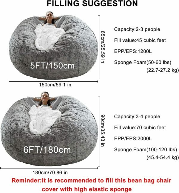 Bag Chair Cover(it was only a Cover;  not a Full Bean Bag) Chair Cushion;  Big Round Soft Fluffy PV Velvet Sofa Bed Cover;  Living Room Furniture;  Lazy Sofa Bed Cover; 6ft Dark Grey - Image 5