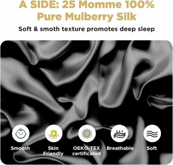 Silk Pillowcase for Hair and Skin 1 Pack, 22 Momme 100% Mulberry Silk & Natural Wood Pulp Fiber Double-Sided Design, Silk Pillow Covers with 600 Thread Count, Hidden Zipper (20"x26", Black) - Image 2