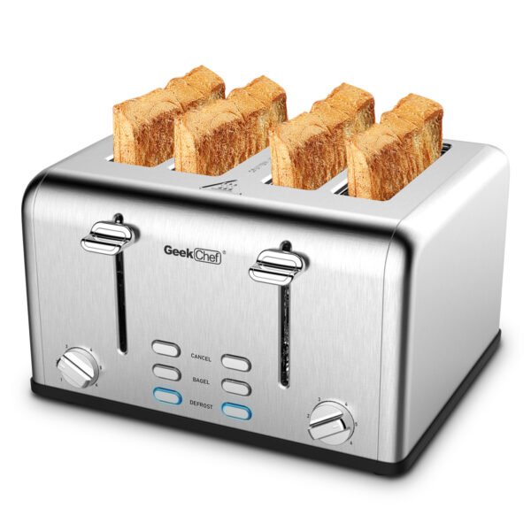 Toaster 4 Slice;  Geek Chef Stainless Steel Extra-Wide Slot Toaster with Dual Control Panels of Bagel/Defrost/Cancel Function(Sliver-Black) - Image 2