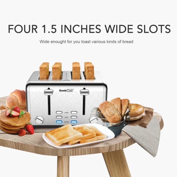Toaster 4 Slice;  Geek Chef Stainless Steel Extra-Wide Slot Toaster with Dual Control Panels of Bagel/Defrost/Cancel Function(Sliver-Black) - Image 11
