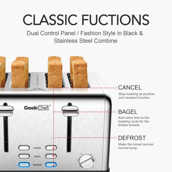 Toaster 4 Slice;  Geek Chef Stainless Steel Extra-Wide Slot Toaster with Dual Control Panels of Bagel/Defrost/Cancel Function(Sliver-Black) - Image 12