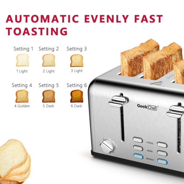 Toaster 4 Slice;  Geek Chef Stainless Steel Extra-Wide Slot Toaster with Dual Control Panels of Bagel/Defrost/Cancel Function(Sliver-Black) - Image 13