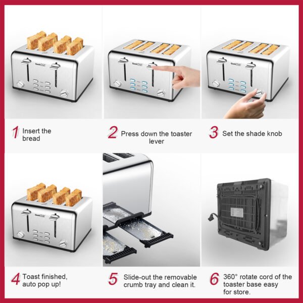 Toaster 4 Slice;  Geek Chef Stainless Steel Extra-Wide Slot Toaster with Dual Control Panels of Bagel/Defrost/Cancel Function(Sliver-Black) - Image 15
