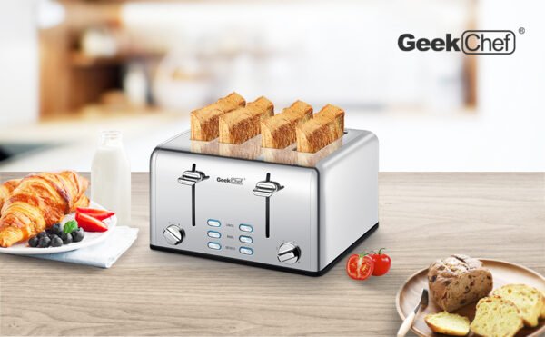 Toaster 4 Slice;  Geek Chef Stainless Steel Extra-Wide Slot Toaster with Dual Control Panels of Bagel/Defrost/Cancel Function(Sliver-Black) - Image 16