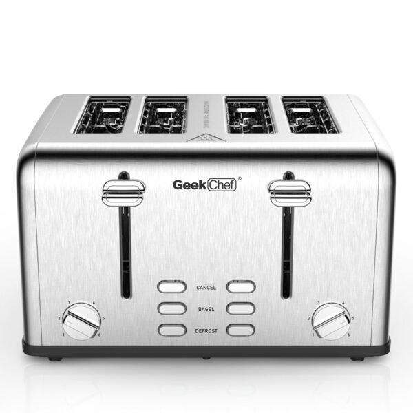 Toaster 4 Slice;  Geek Chef Stainless Steel Extra-Wide Slot Toaster with Dual Control Panels of Bagel/Defrost/Cancel Function(Sliver-Black) - Image 3