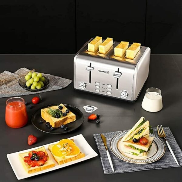 Toaster 4 Slice;  Geek Chef Stainless Steel Extra-Wide Slot Toaster with Dual Control Panels of Bagel/Defrost/Cancel Function(Sliver-Black) - Image 9