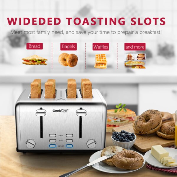Toaster 4 Slice;  Geek Chef Stainless Steel Extra-Wide Slot Toaster with Dual Control Panels of Bagel/Defrost/Cancel Function(Sliver-Black) - Image 10