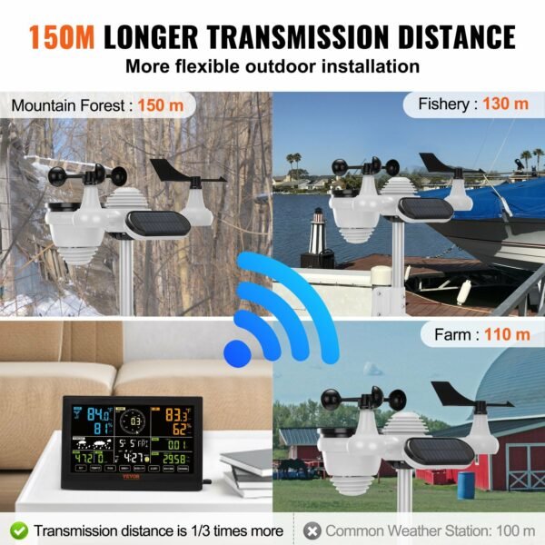 VEVOR 7-in-1 Wireless Weather Station, 7.5 in Large Color Display, Digital Home Weather Station Indoor Outdoor, for Temperature Humidity Wind Speed/Direction Rain UV, with Forecast Data, Alarm, Alerts - Image 2