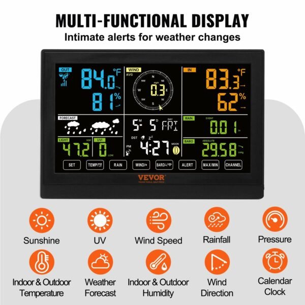 VEVOR 7-in-1 Wireless Weather Station, 7.5 in Large Color Display, Digital Home Weather Station Indoor Outdoor, for Temperature Humidity Wind Speed/Direction Rain UV, with Forecast Data, Alarm, Alerts - Image 4