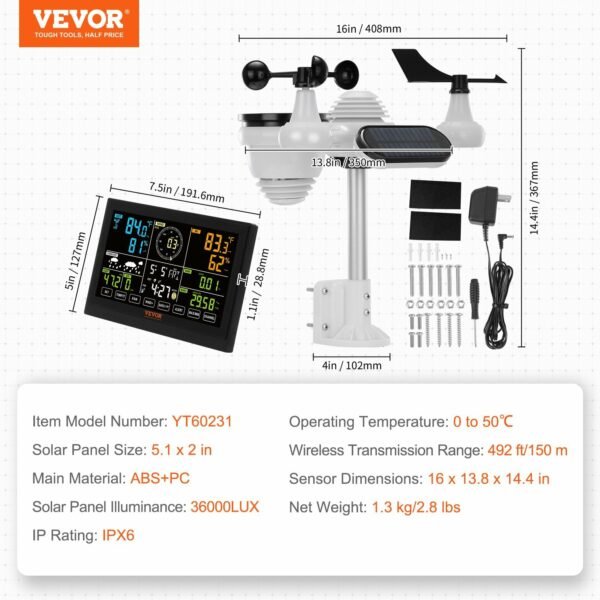 VEVOR 7-in-1 Wireless Weather Station, 7.5 in Large Color Display, Digital Home Weather Station Indoor Outdoor, for Temperature Humidity Wind Speed/Direction Rain UV, with Forecast Data, Alarm, Alerts - Image 6