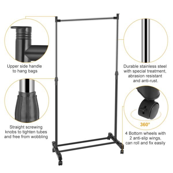 33lbs Garment Racks 3.12ft-4.80ft Height Adjustable Clothes Stand Foldable Clothes Hanger with Wheels - Image 3