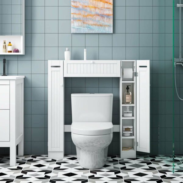 Over-The-Toilet Storage Cabinet with 2 Side Doors; Freestanding Toilet Cabinet Organizer with Adjustable Shelves & Paper Holder; Bathroom Space Saver with Pull-Down Door; Toilet Rack; White - Image 3