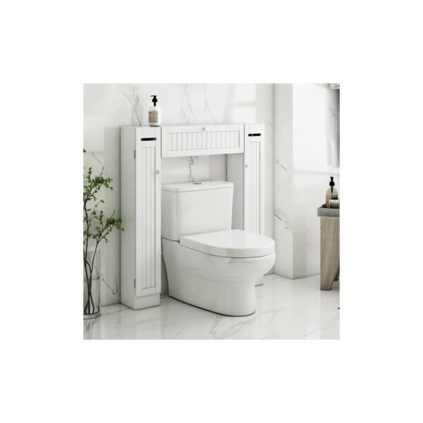 Over-The-Toilet Storage Cabinet with 2 Side Doors; Freestanding Toilet Cabinet Organizer with Adjustable Shelves & Paper Holder; Bathroom Space Saver with Pull-Down Door; Toilet Rack; White - Image 6