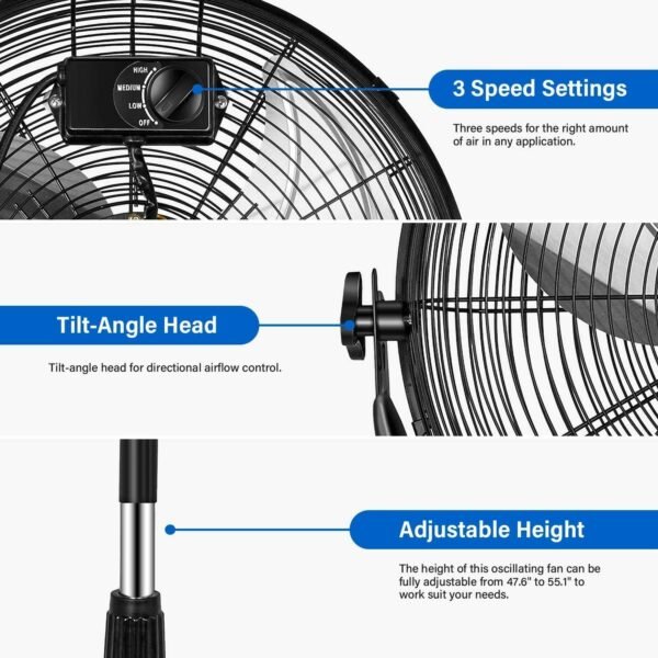 Simple Deluxe 20 Inch Pedestal Standing Fan, High Velocity, Heavy Duty Metal For Industrial, Commercial, Residential, Greenhouse Use, Black - Image 2