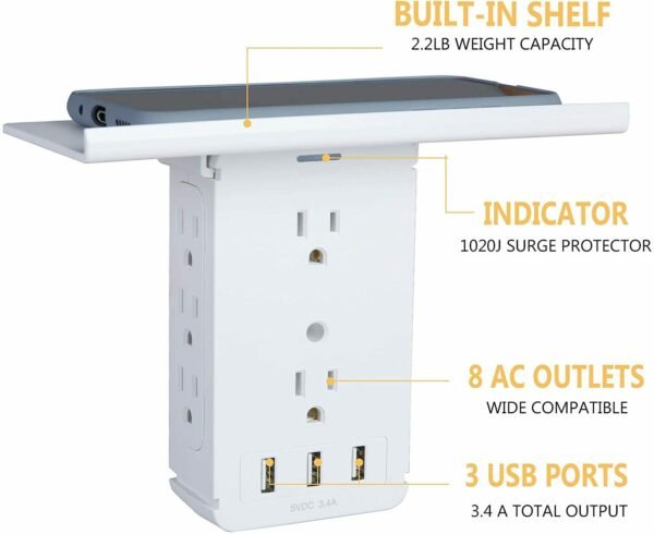 Bosonshop Wall Outlet Extender-2 Pack Surge Protector Multifunctional Outlet Wall Plug with 3 USB Ports(3.4A Total), 8 AC Outlets, Removable Outlet Shelf - Image 3
