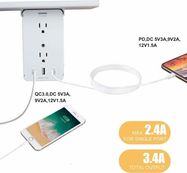 Bosonshop Wall Outlet Extender-2 Pack Surge Protector Multifunctional Outlet Wall Plug with 3 USB Ports(3.4A Total), 8 AC Outlets, Removable Outlet Shelf - Image 4