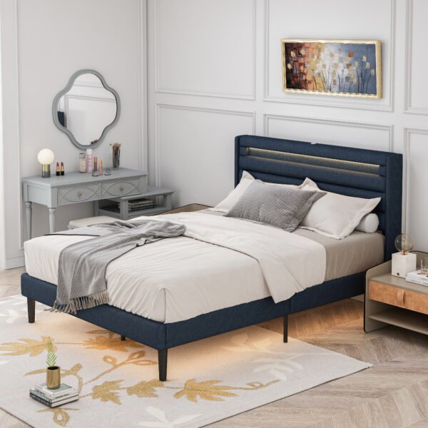 Queen Size Bedframe with LED Bedside Induction Light, Wrapped in Linen, Bedside Atmosphere Light, Anti Slip and Noise Free, Easy to Assemble, Dark Blue - Image 2