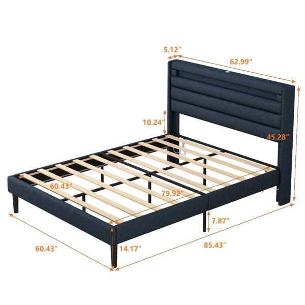 Queen Size Bedframe with LED Bedside Induction Light, Wrapped in Linen, Bedside Atmosphere Light, Anti Slip and Noise Free, Easy to Assemble, Dark Blue - Image 3