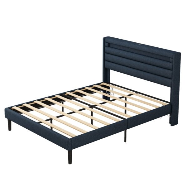 Queen Size Bedframe with LED Bedside Induction Light, Wrapped in Linen, Bedside Atmosphere Light, Anti Slip and Noise Free, Easy to Assemble, Dark Blue - Image 4