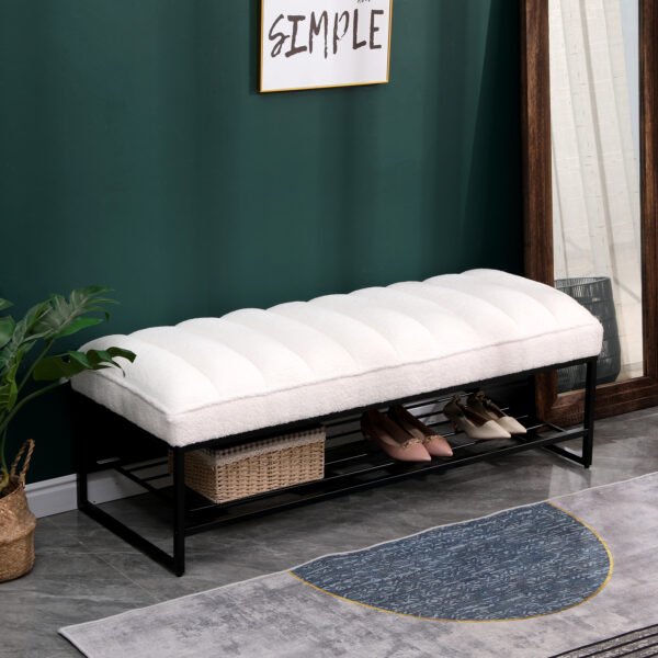 Channel Tufted Bench with Metal Shelf White Sherpa Upholstered Benches End of Bed Ottoman for Bedroom, Living Room, Entryway (White) - Image 2