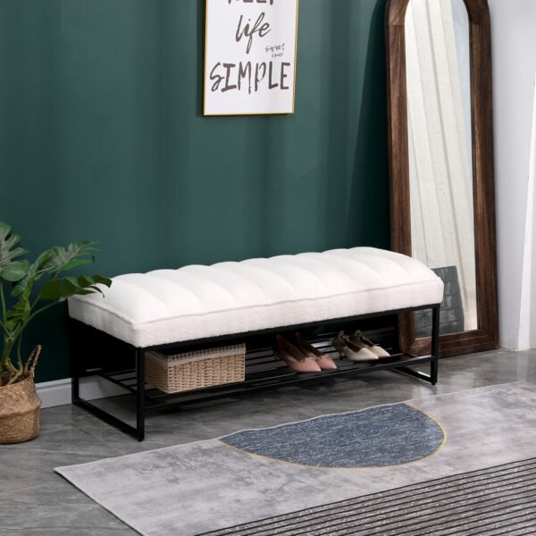 Channel Tufted Bench with Metal Shelf White Sherpa Upholstered Benches End of Bed Ottoman for Bedroom, Living Room, Entryway (White) - Image 3