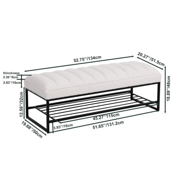 Channel Tufted Bench with Metal Shelf White Sherpa Upholstered Benches End of Bed Ottoman for Bedroom, Living Room, Entryway (White) - Image 4