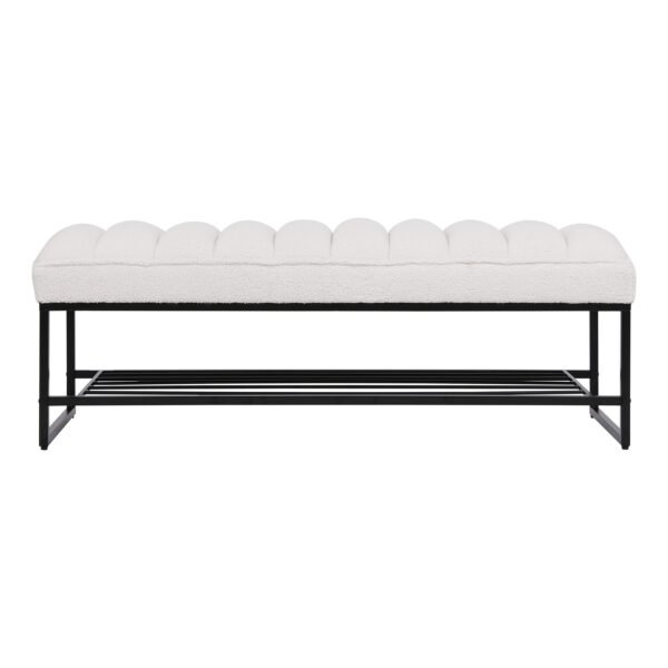 Channel Tufted Bench with Metal Shelf White Sherpa Upholstered Benches End of Bed Ottoman for Bedroom, Living Room, Entryway (White) - Image 5