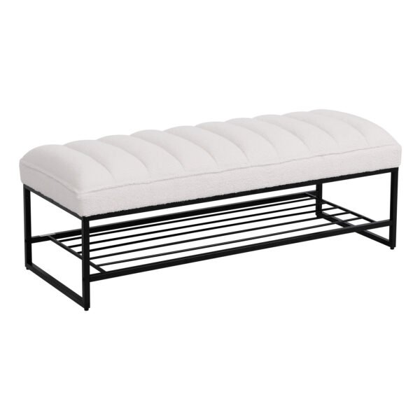 Channel Tufted Bench with Metal Shelf White Sherpa Upholstered Benches End of Bed Ottoman for Bedroom, Living Room, Entryway (White) - Image 6