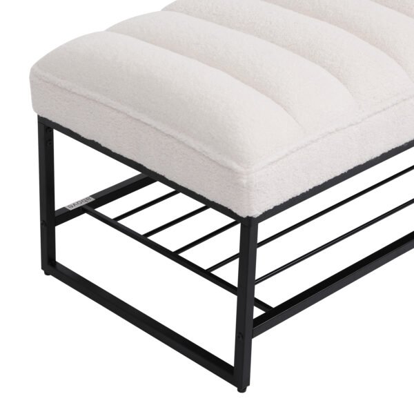 Channel Tufted Bench with Metal Shelf White Sherpa Upholstered Benches End of Bed Ottoman for Bedroom, Living Room, Entryway (White) - Image 9