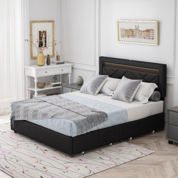 Queen Size Bed Frame with LED Lights, USB Charging Station, Black Textured Paint Bed Frame, Four Bottom Drawers for Stable Storage and Assembly, Black - Image 2