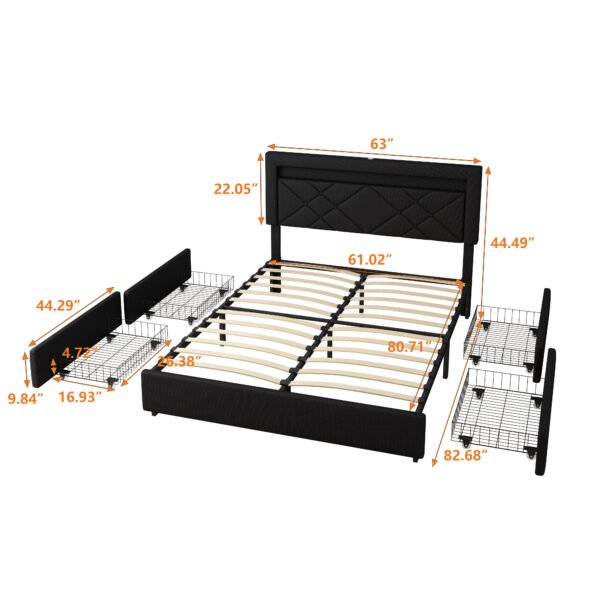 Queen Size Bed Frame with LED Lights, USB Charging Station, Black Textured Paint Bed Frame, Four Bottom Drawers for Stable Storage and Assembly, Black - Image 3