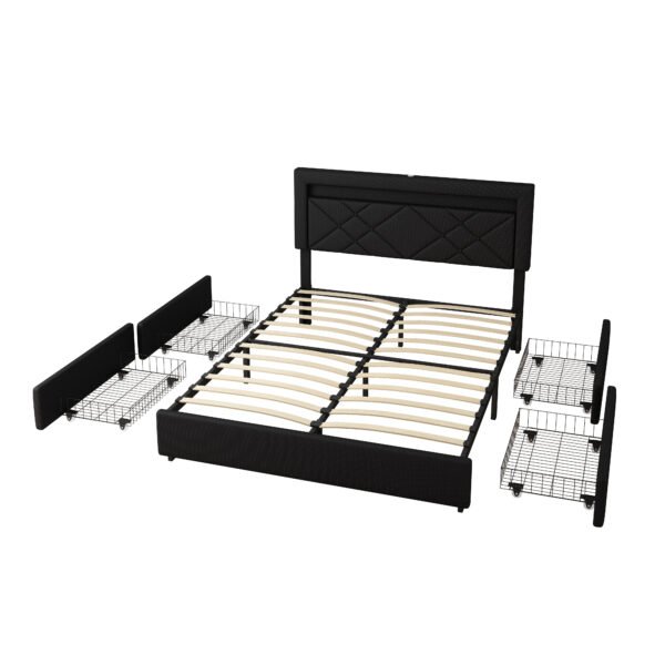 Queen Size Bed Frame with LED Lights, USB Charging Station, Black Textured Paint Bed Frame, Four Bottom Drawers for Stable Storage and Assembly, Black - Image 6