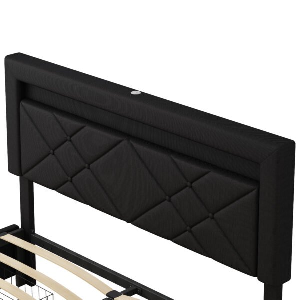 Queen Size Bed Frame with LED Lights, USB Charging Station, Black Textured Paint Bed Frame, Four Bottom Drawers for Stable Storage and Assembly, Black - Image 7