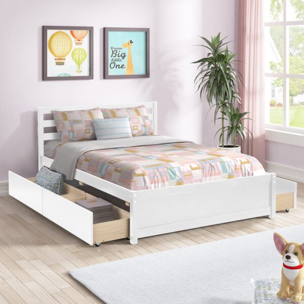 Full Size Wood Platform Bed Frame with 4 Storage Drawers and Headboard of White Color for All Ages - Image 2