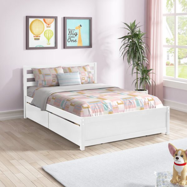 Full Size Wood Platform Bed Frame with 4 Storage Drawers and Headboard of White Color for All Ages - Image 3