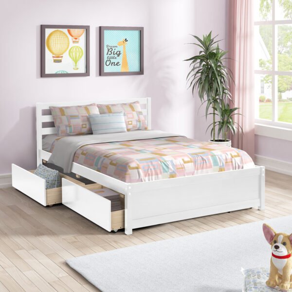 Full Size Wood Platform Bed Frame with 4 Storage Drawers and Headboard of White Color for All Ages - Image 5