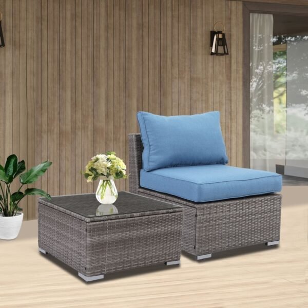 2 Pieces Patio Armless Blue Brown Single Rattan Wicker Sofa Couches Furniture With End Side Table Outdoor - Image 3