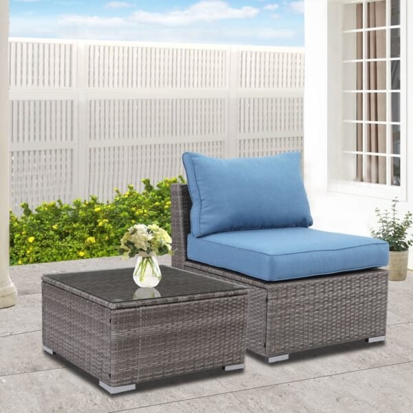 2 Pieces Patio Armless Blue Brown Single Rattan Wicker Sofa Couches Furniture With End Side Table Outdoor - Image 4