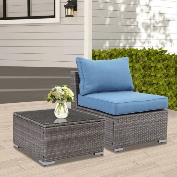 2 Pieces Patio Armless Blue Brown Single Rattan Wicker Sofa Couches Furniture With End Side Table Outdoor - Image 5